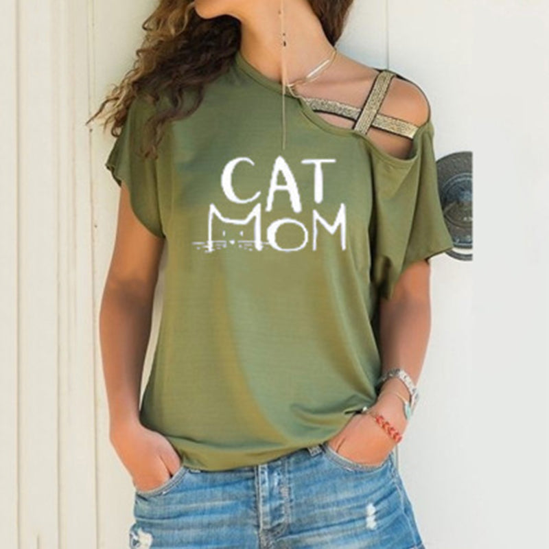 Macymars™ Spring And Summer Cat Mom Print Casual Slanted Shoulder Cross Irregular Short Sleeve Women's T-Shirt