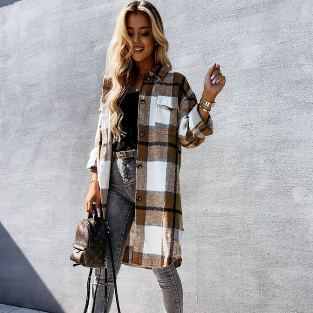 Macymars™ Women's Fashion Long Plaid Shirt Jacket