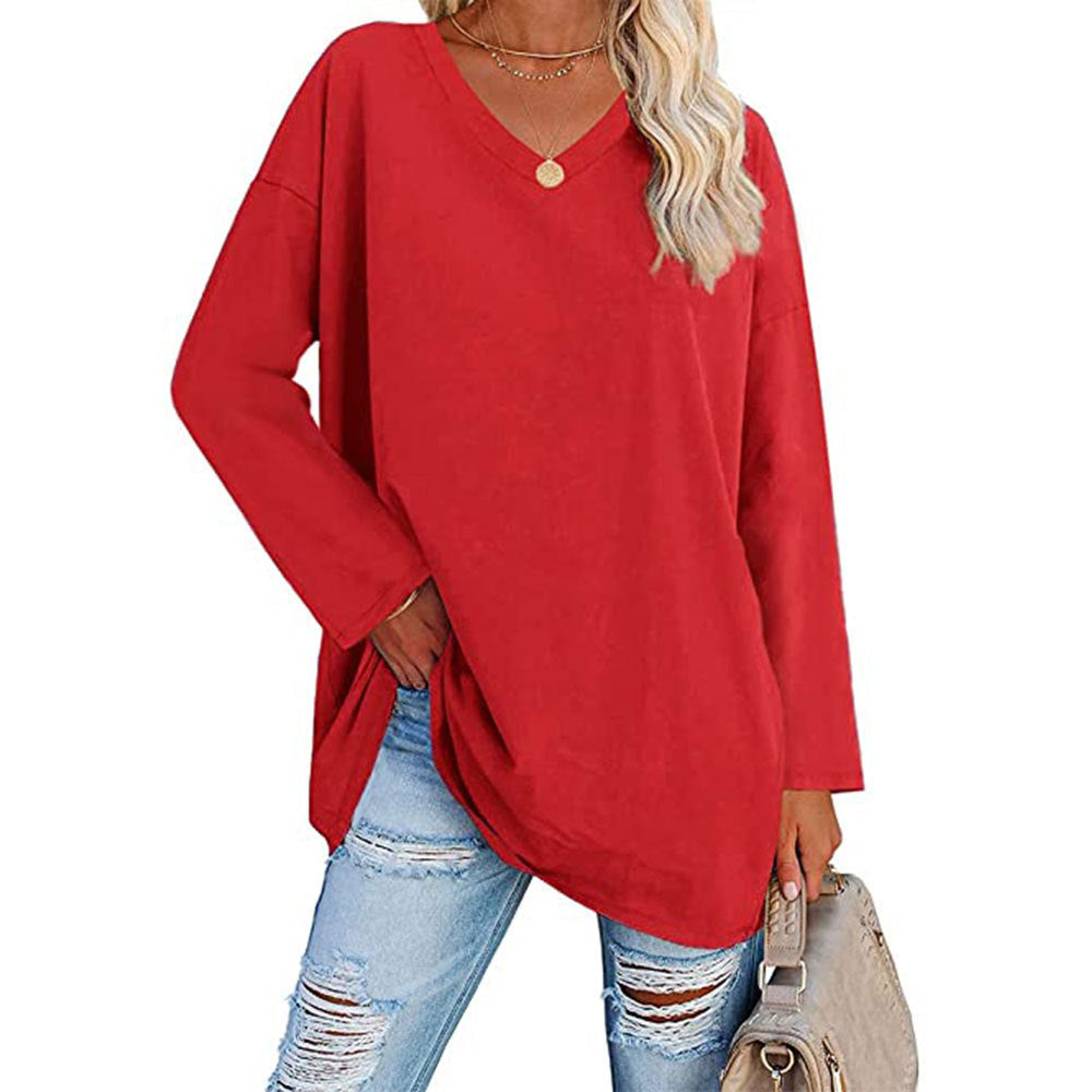 Macymars™ Women's Solid Color Fashion V-Neck Loose Long Sleeve T-Shirt