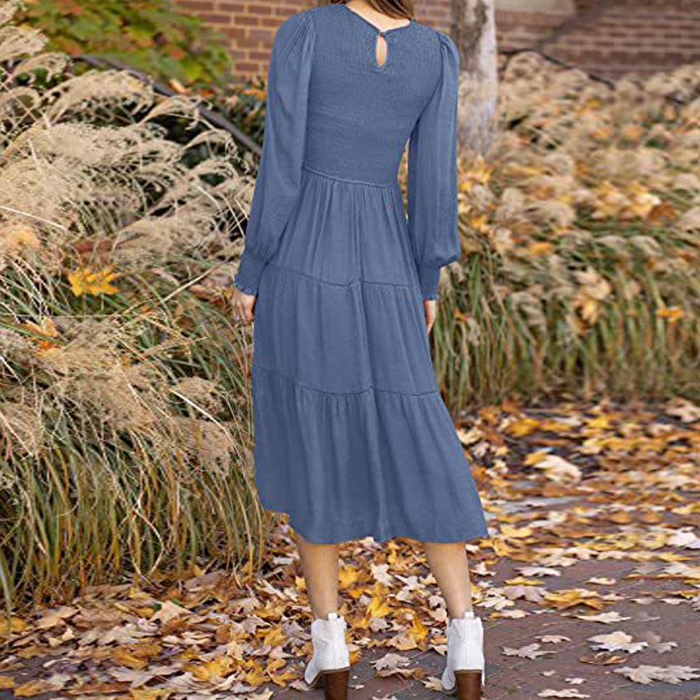 Macymars™ Women's Pleated Long Sleeve Round Neck Dress