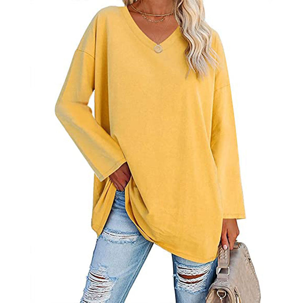 Macymars™ Women's Solid Color Fashion V-Neck Loose Long Sleeve T-Shirt