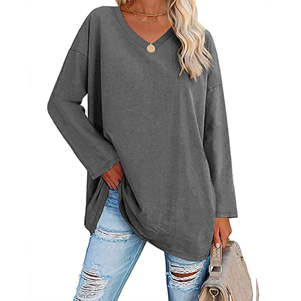 Macymars™ Women's Solid Color Fashion V-Neck Loose Long Sleeve T-Shirt