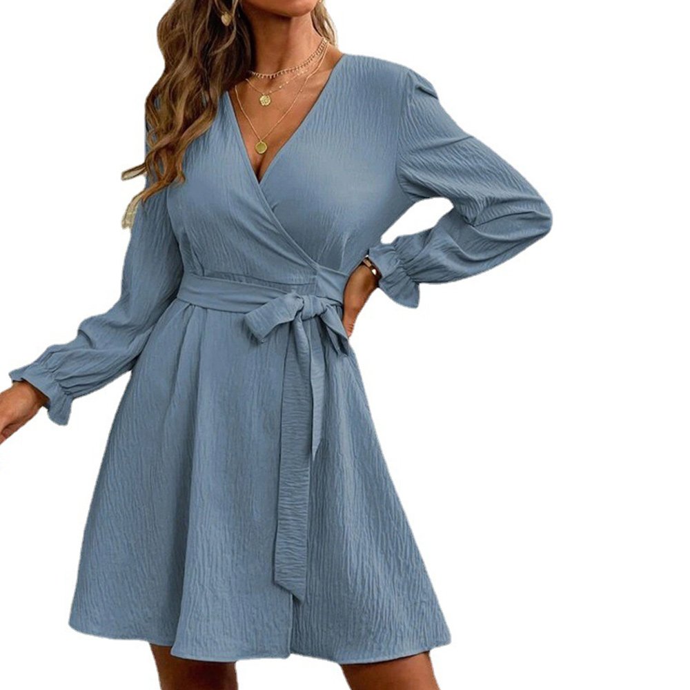 Macymars™ Women Long Sleeve Solid Color V Neck Loose Mid Swing Dresses