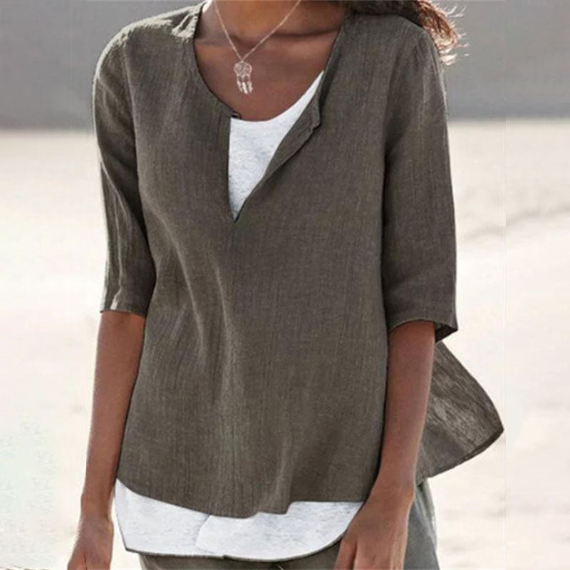 Macymars™ Fashion V Neck Solid Color Cotton And Linen Casual Women's Shirt
