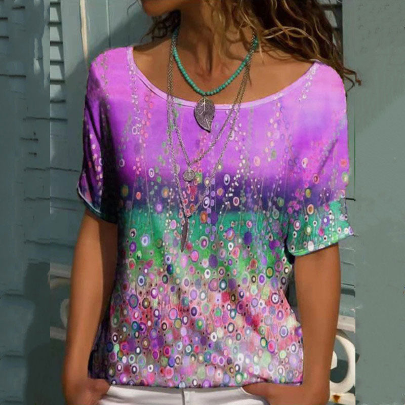 Macymars™ Rainbow Gradient Dot Print Sweet Crew Neck Women's T-Shirt