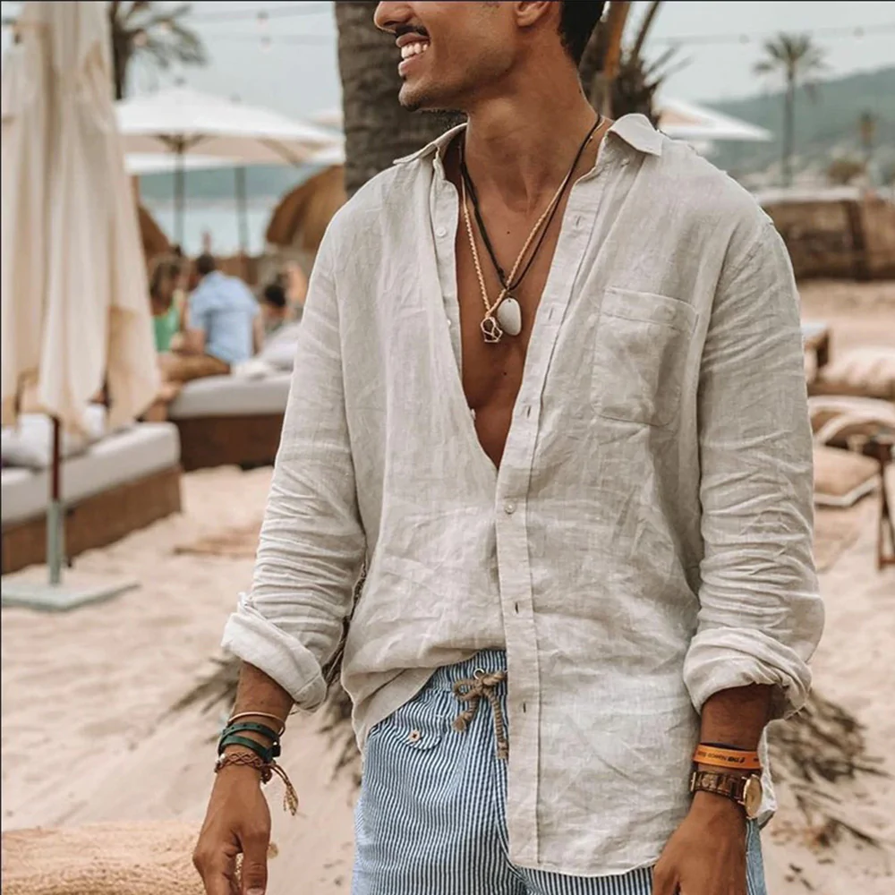 Macymars™ Men's Cotton Linen Loose Lapel Long Sleeve Shirt