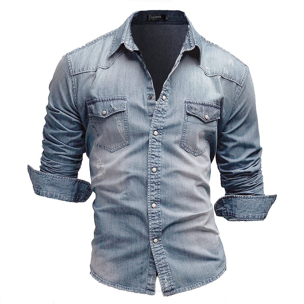 Macymars™ Men's Long Sleeve Lapel Pocket Denim Shirt