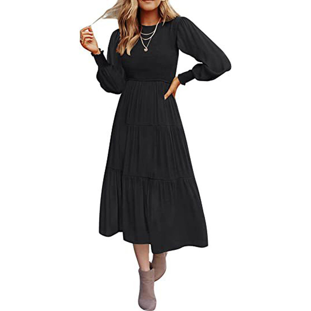 Macymars™ Women's Pleated Long Sleeve Round Neck Dress