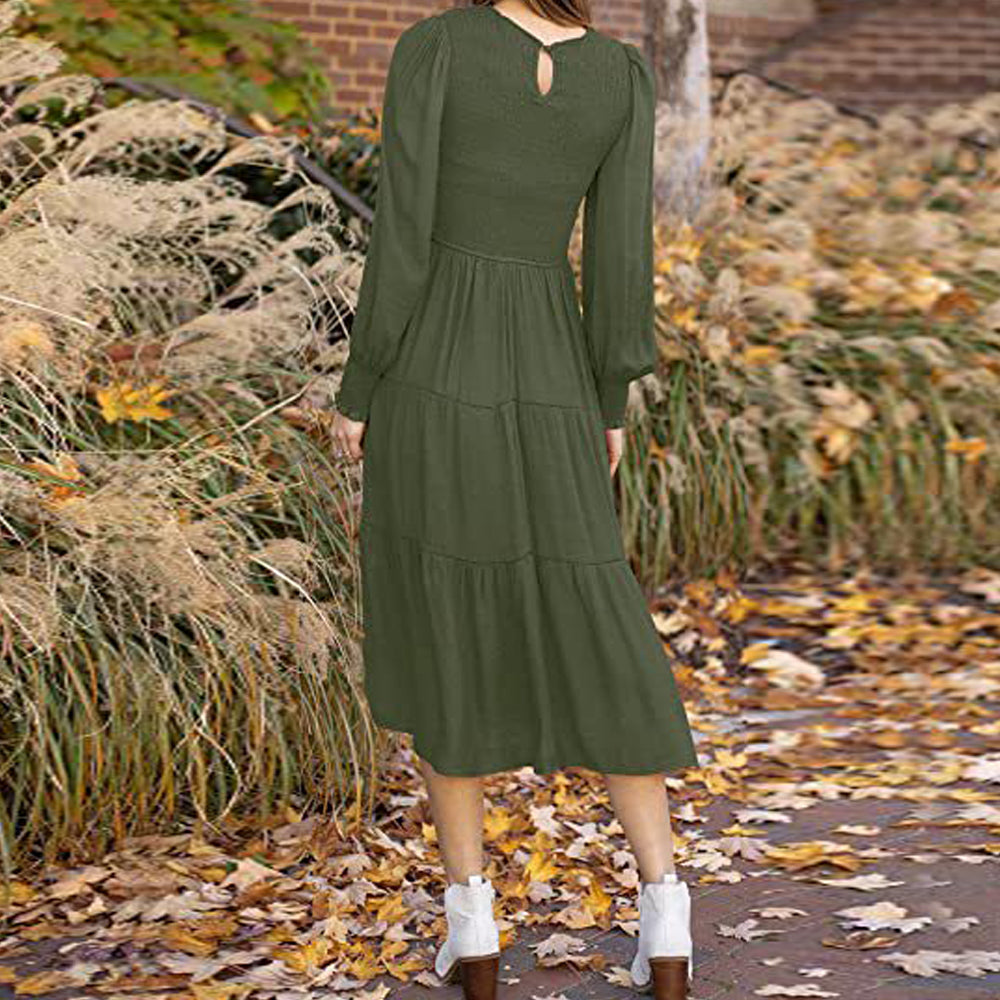 Macymars™ Women's Pleated Long Sleeve Round Neck Dress