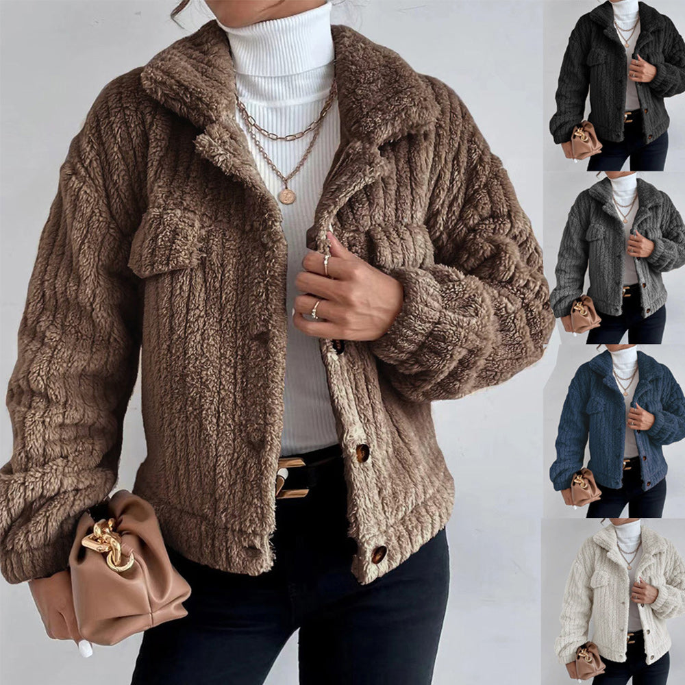 Macymars™ Women Autumn Plush Fashion Lapel Long Sleeve Jacket Casual Short Coats