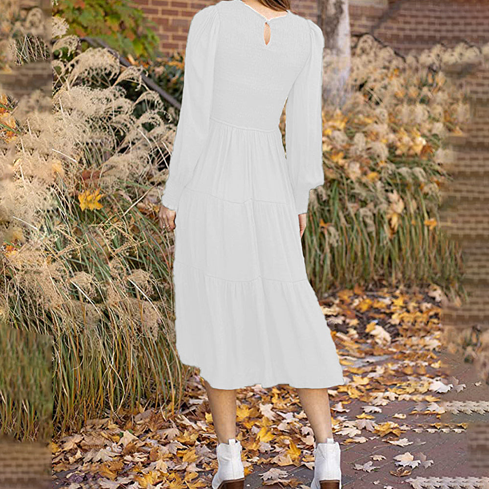 Macymars™ Women's Pleated Long Sleeve Round Neck Dress