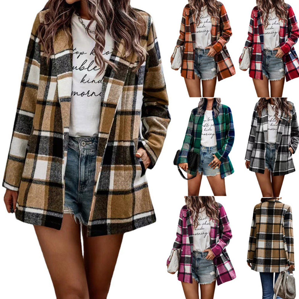 Macymars™ New Autumn Winter Women Warm Woolen Plaid Coat Office Lady Long Sleeve Shirt Cardigan
