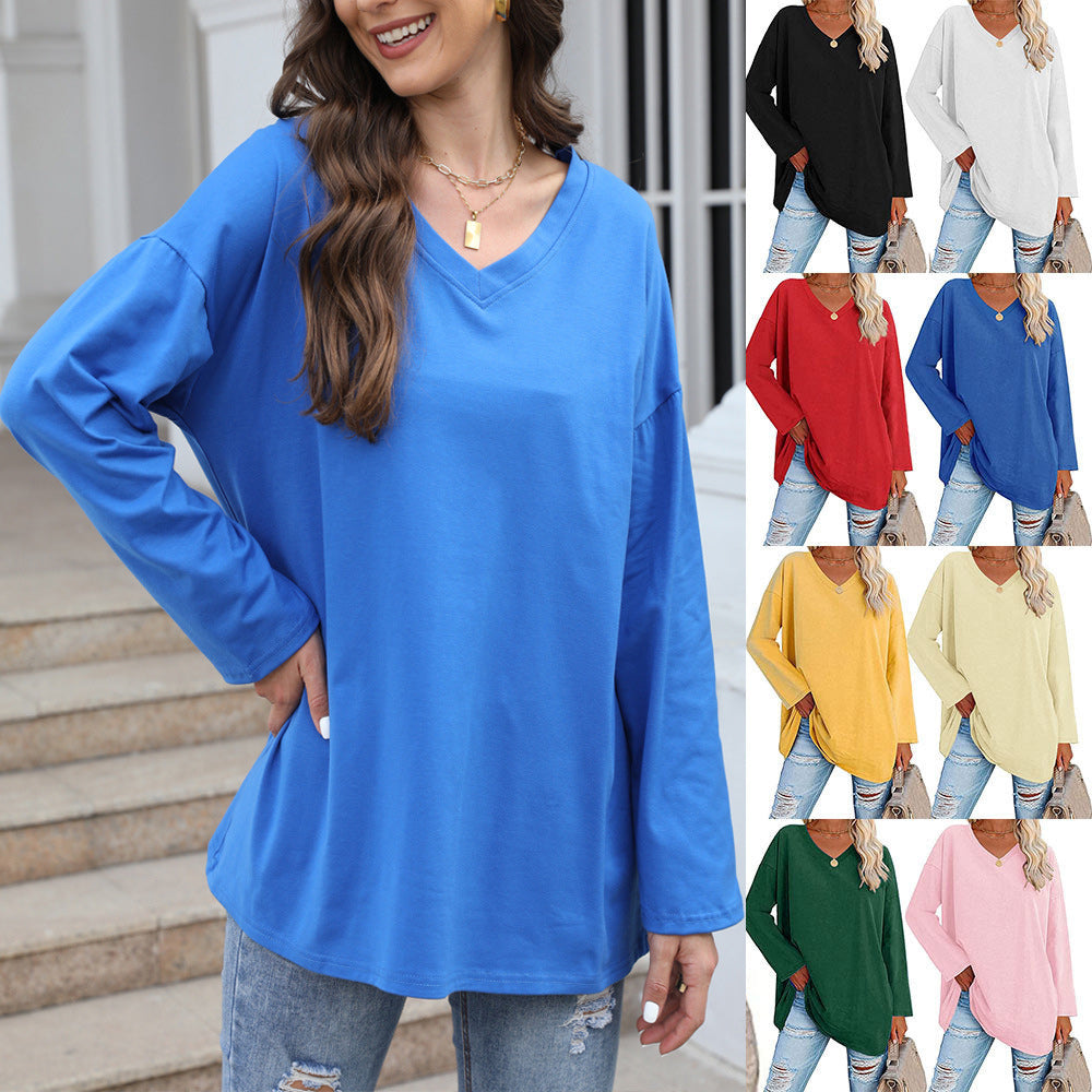 Macymars™ Women's Solid Color Fashion V-Neck Loose Long Sleeve T-Shirt