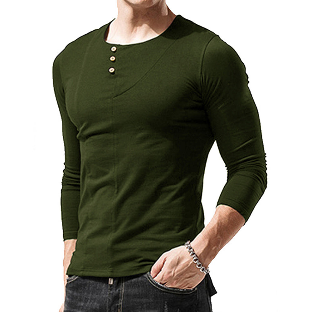 Macymars™ Men's Long Sleeve Solid Color Round Neck Button T-Shirt