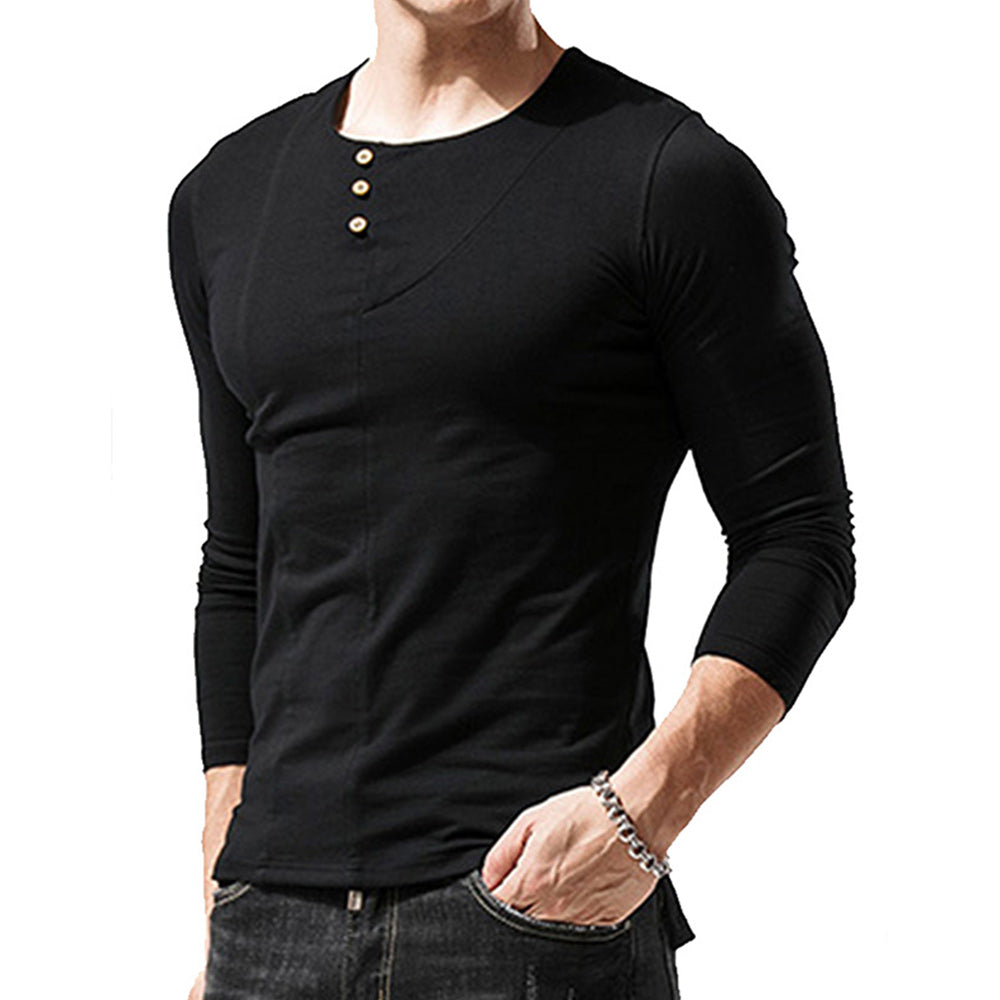 Macymars™ Men's Long Sleeve Solid Color Round Neck Button T-Shirt