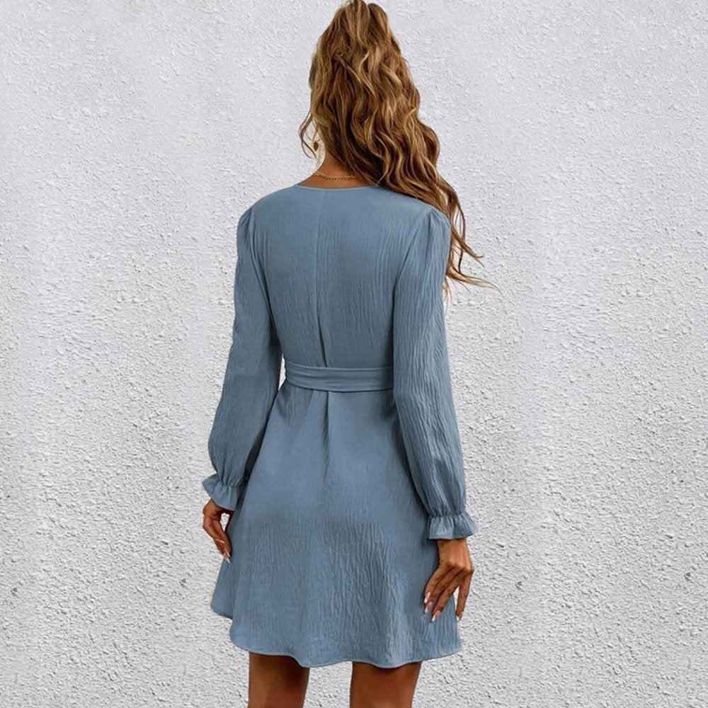Macymars™ Women Long Sleeve Solid Color V Neck Loose Mid Swing Dresses