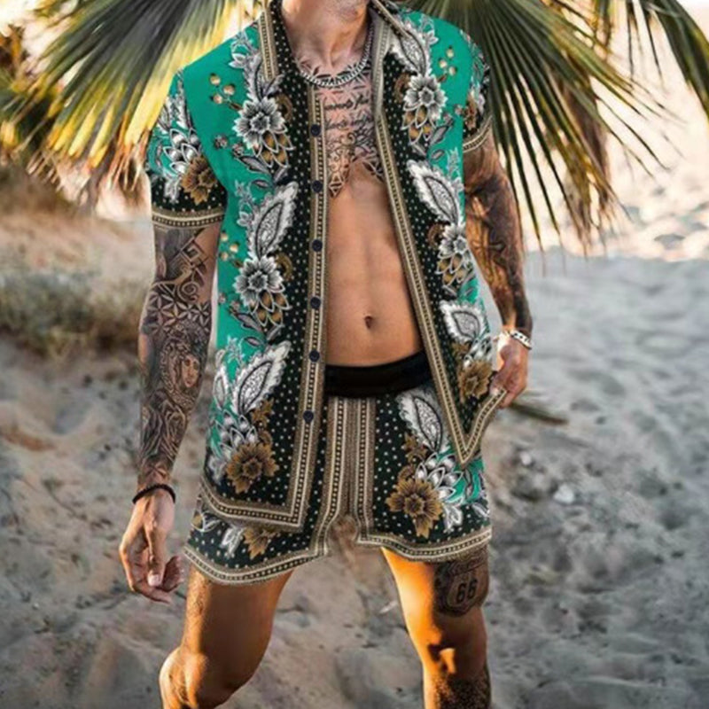Macymars™ Summer Men's Casual Suit Hawaiian Shirt + Beach Shorts Retro Print 2 Piece Suit Oversized Beach Surf