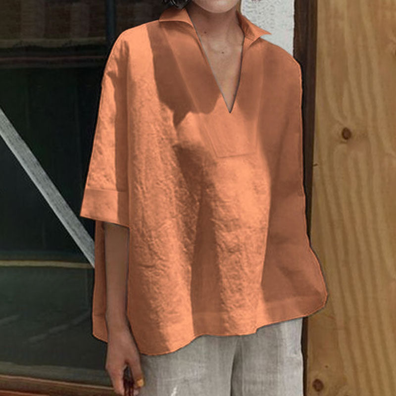 Macymars™ V Neck Versatile Cotton Linen Solid Color Loose Women's Shirt