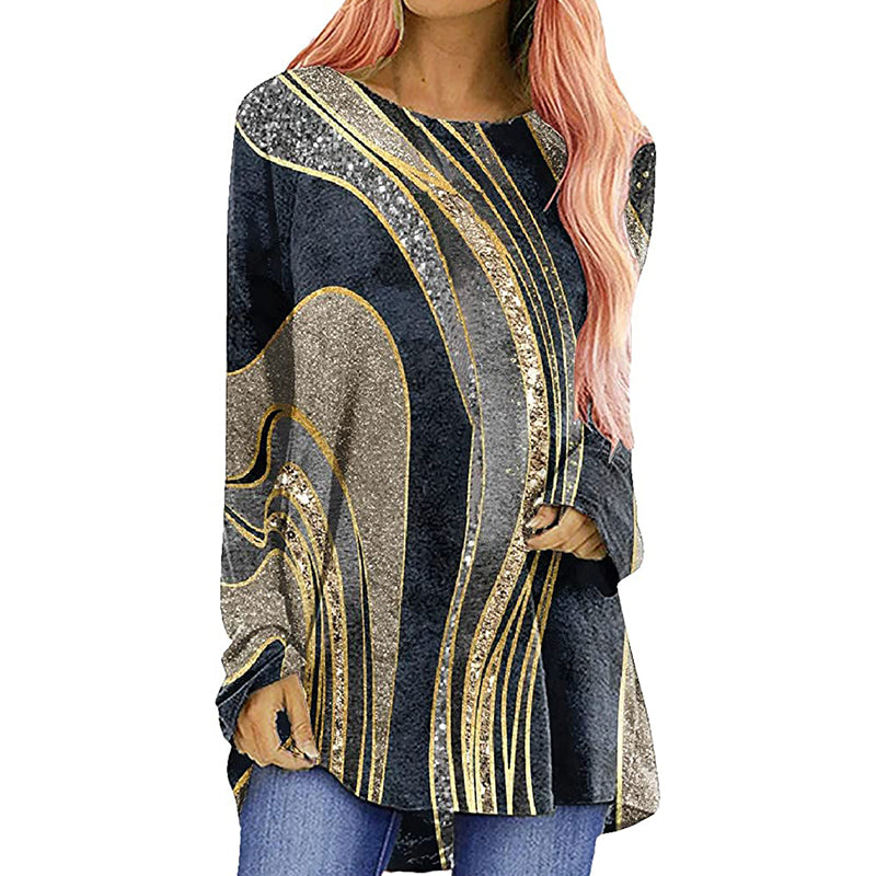 Macymars™ Autumn And Winter Creative Silky Fluid Print Round Neck Long Sleeve Women's T-Shirt