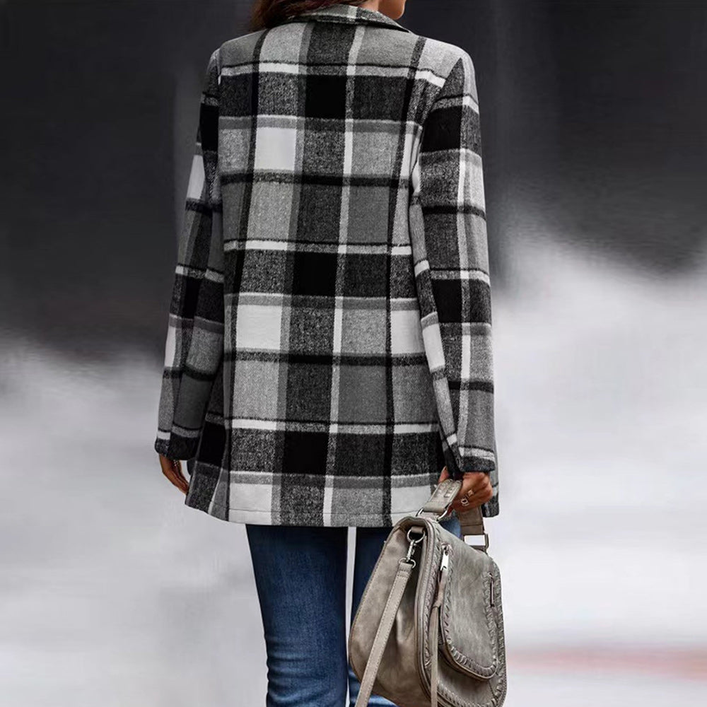 Macymars™ New Autumn Winter Women Warm Woolen Plaid Coat Office Lady Long Sleeve Shirt Cardigan