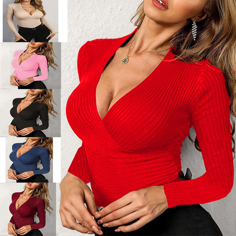 Macymars™ Women's Sexy Solid Color V-Neck Knit Long Sleeve T-Shirt