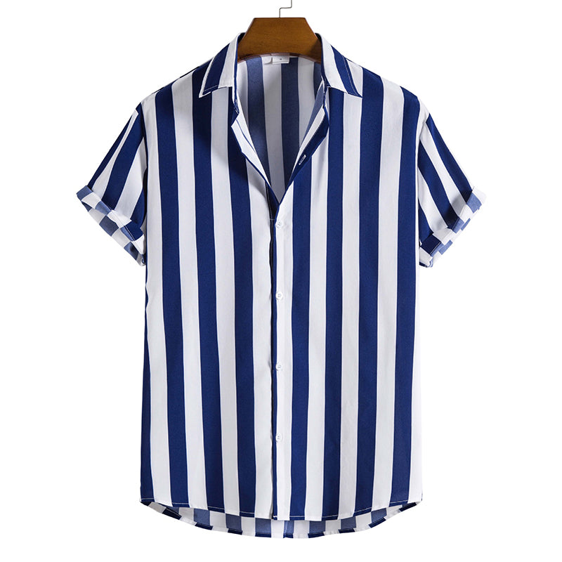 Macymars™ Literary Navy Blue Vertical Stripes Fashion Casual Men's Bowling Shirt