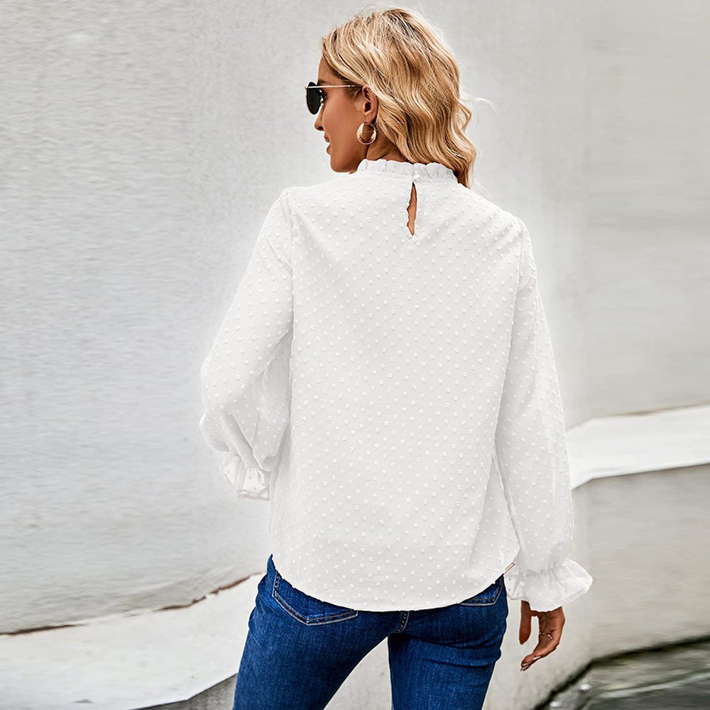 Macymars™ Women's Round Neck Chiffon Ruffle Loose Solid Color Fur Ball Polka Dot Blouse