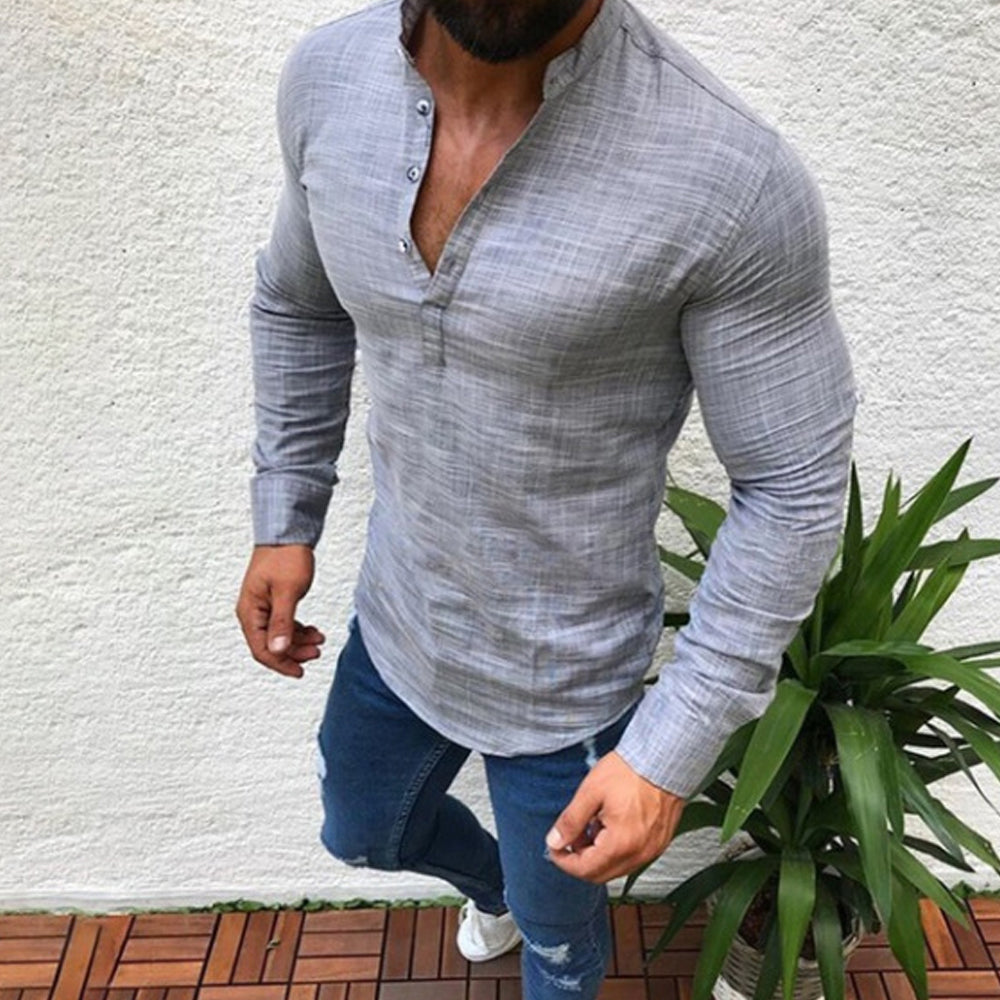 Macymars™ Men's Casual Linen Solid Color Stand Collar Long Sleeve Shirt
