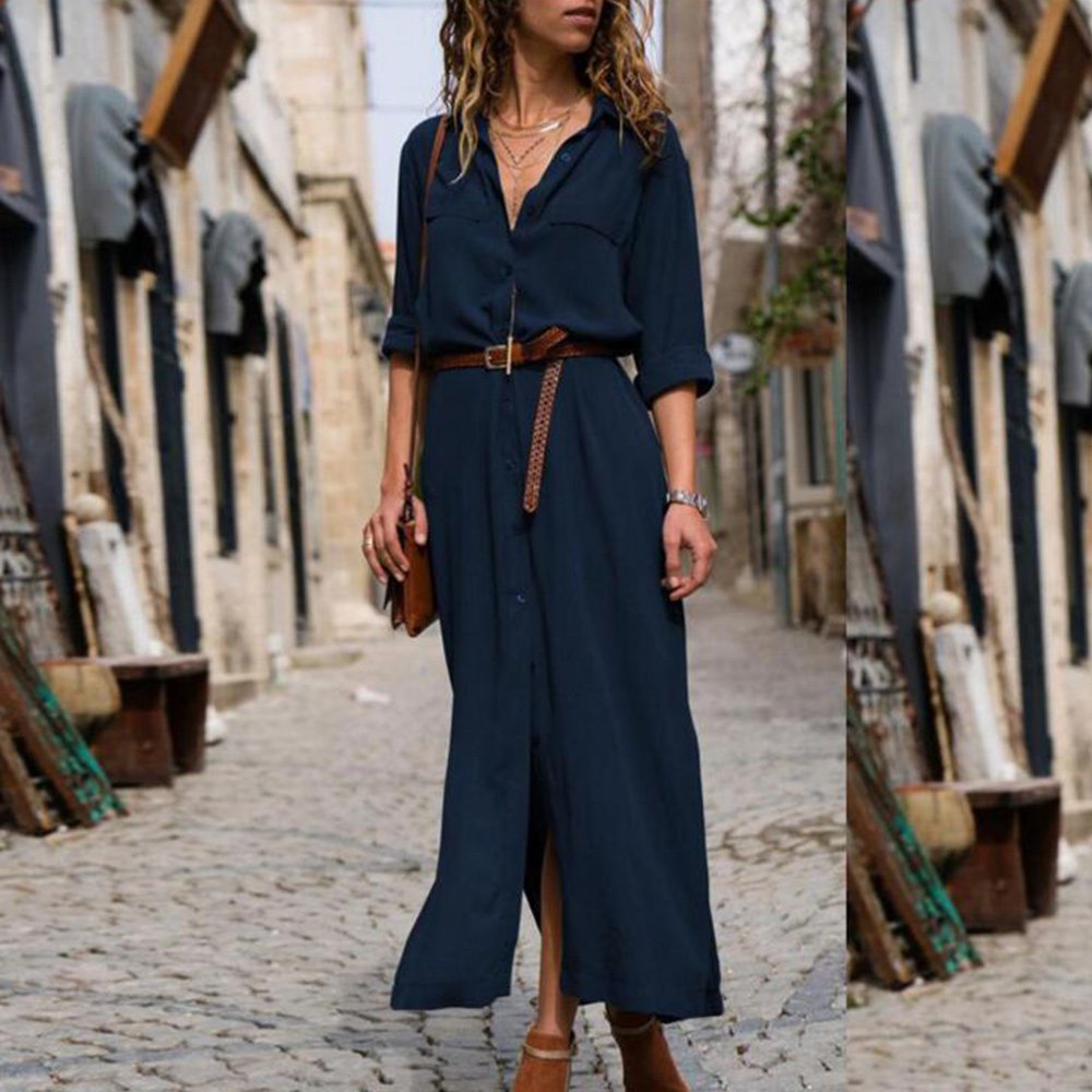 Macymars™ Summer and Autumn Deep V Long Sleeve Solid Women Maxi Dress