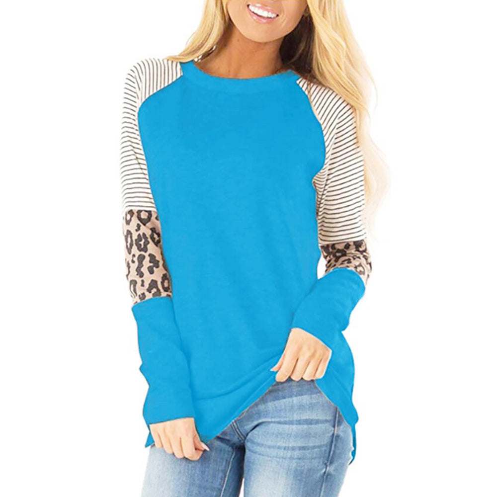 Macymars™ Striped Plunge Sleeve Leopard Print Long Sleeve T-shirt