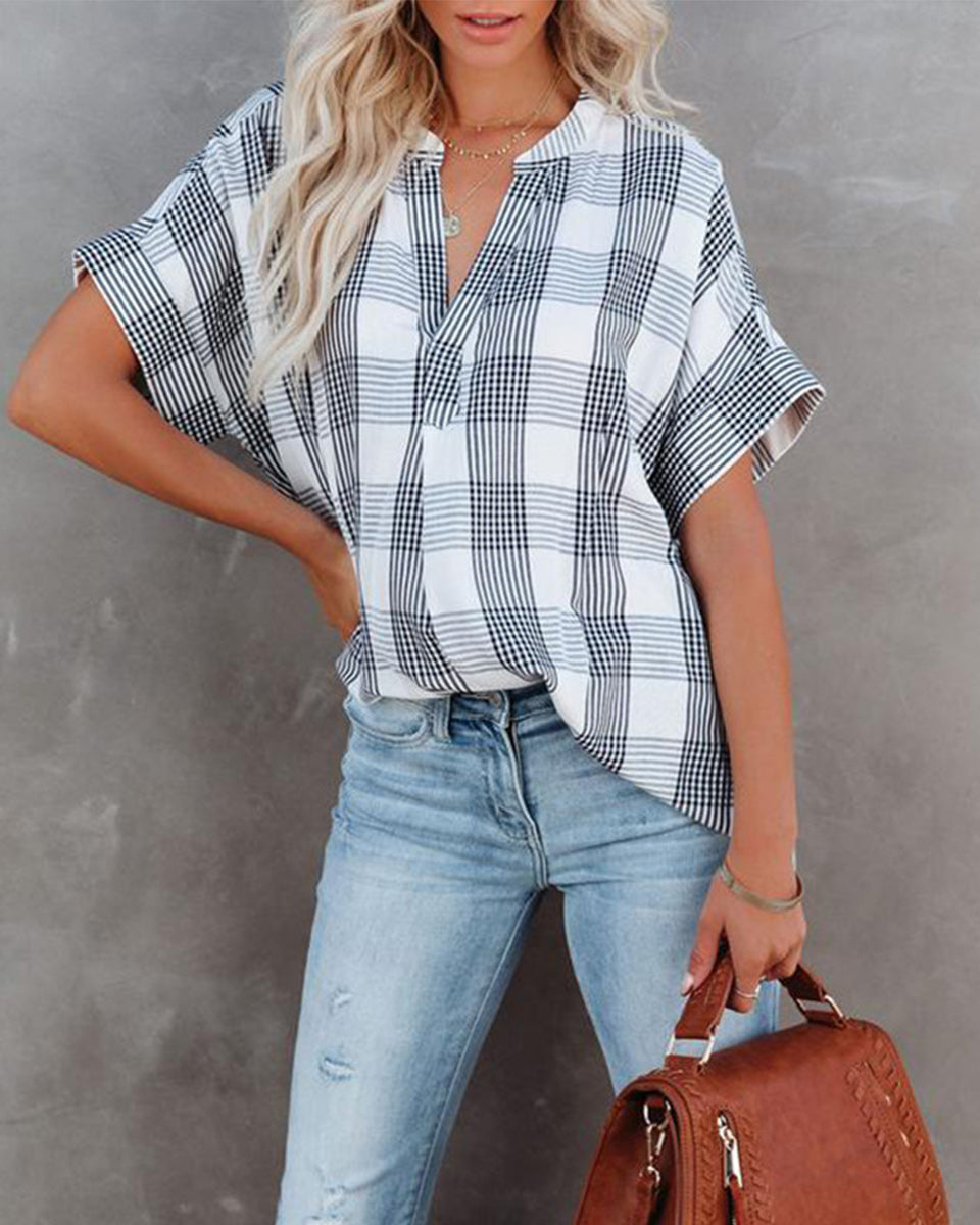 Macymars™ Women Plaid V Neck Loose Casual Basic T-Shirt