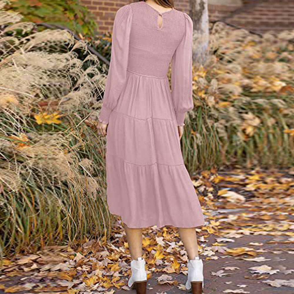 Macymars™ Women's Pleated Long Sleeve Round Neck Dress