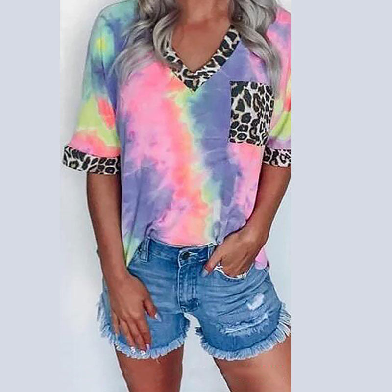 Macymars™ Fresh And Sweet Casual Tie Dye Leopard Pocket Women's T-Shirt