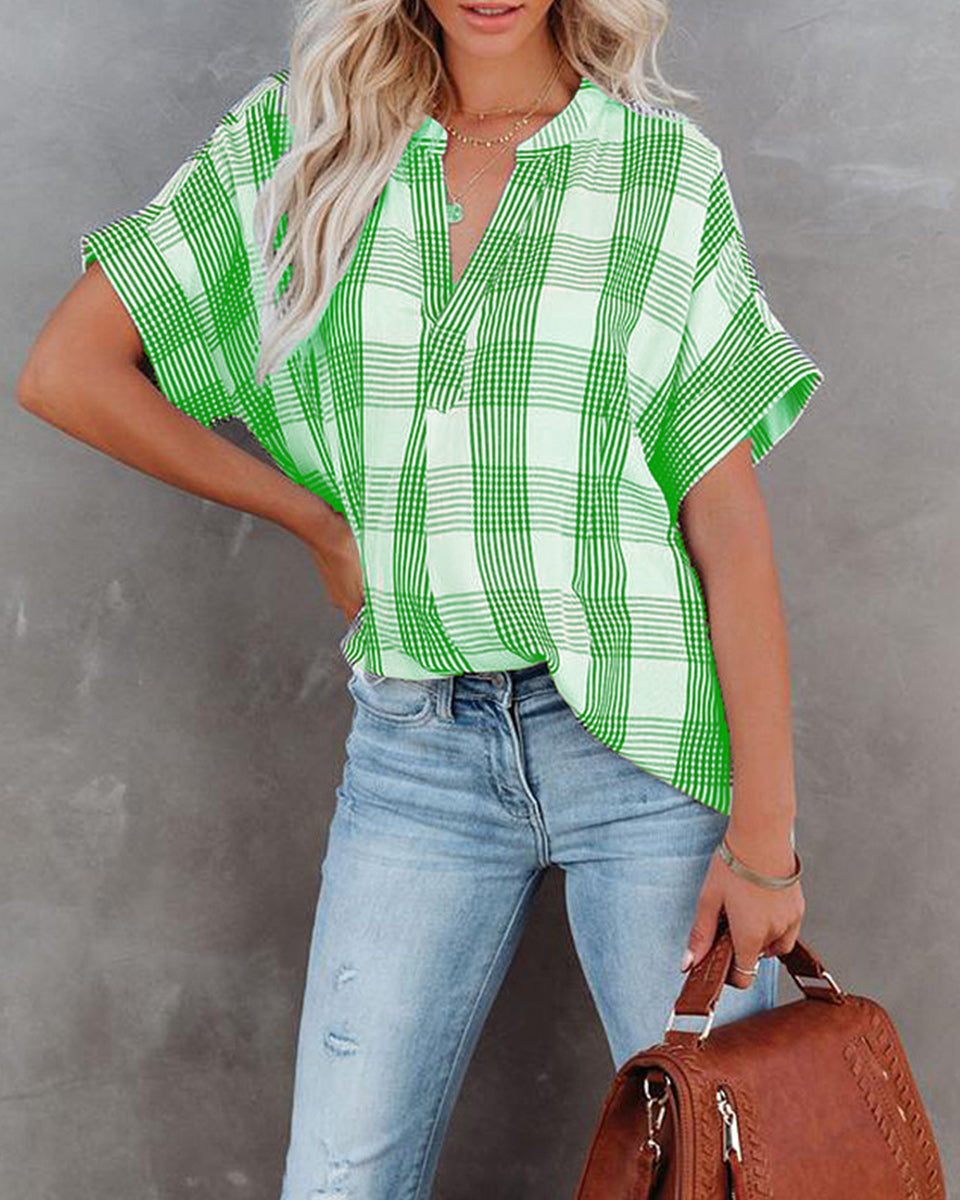 Macymars™ Women Plaid V Neck Loose Casual Basic T-Shirt