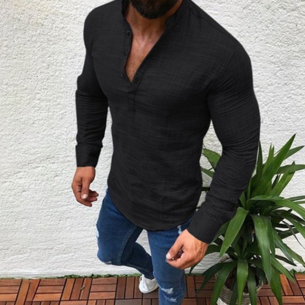 Macymars™ Men's Casual Linen Solid Color Stand Collar Long Sleeve Shirt