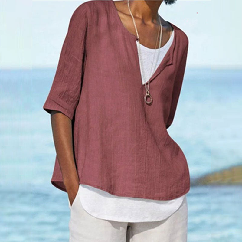 Macymars™ Fashion V Neck Solid Color Cotton And Linen Casual Women's Shirt