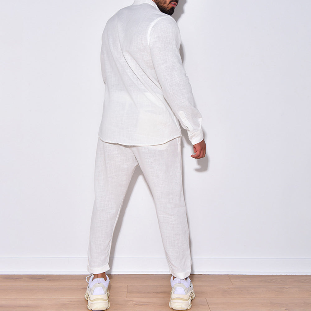 Macymars™ Men's Solid Color V-Neck Long-Sleeve Shirt and Pants Two-Piece Set