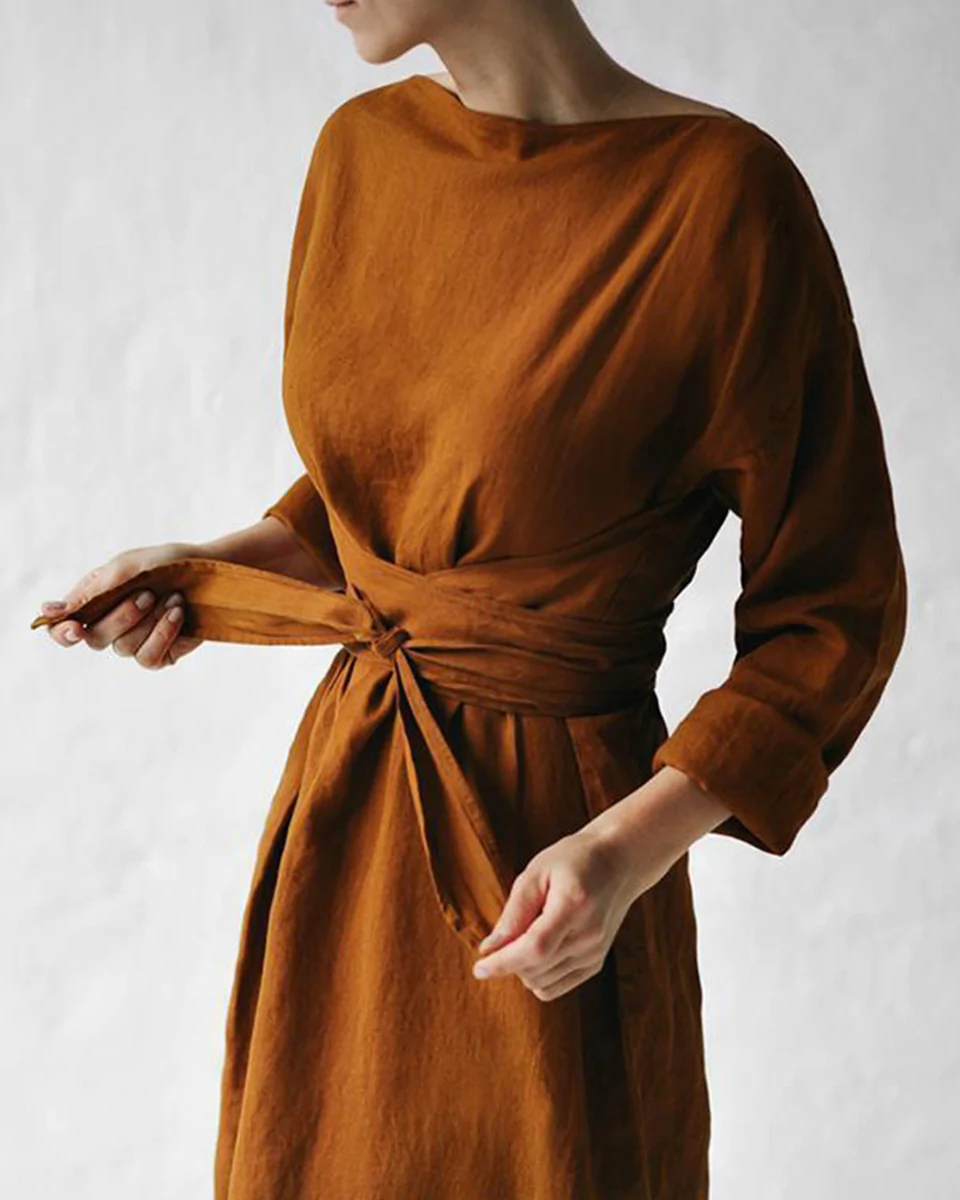 Macymars™ Women Casual Cotton Linen Lace-Up Maxi Dress