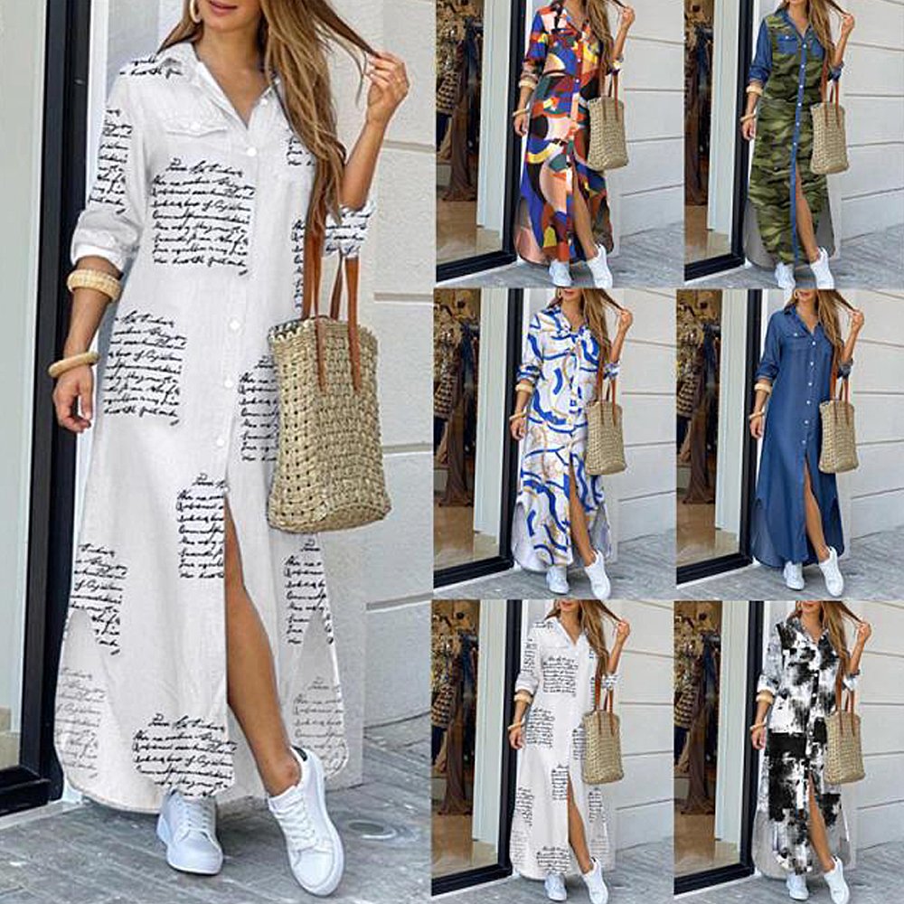 Macymars™ Fashion Buttoned Slit Shirt Party Casual Loose Long Sleeve Dresses