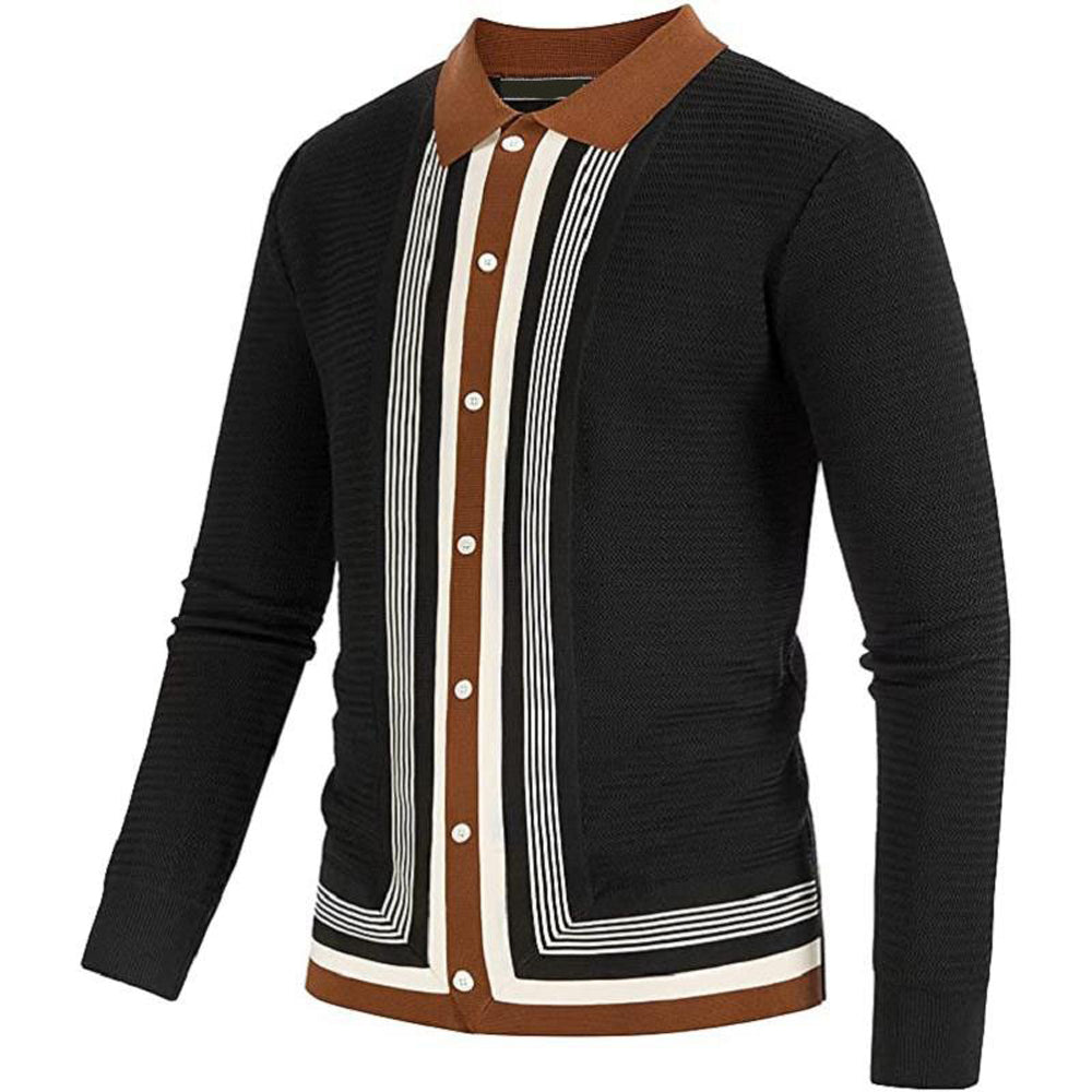 Macymars™ Men's Long Sleeve Black Knit Striped Business Cardigan