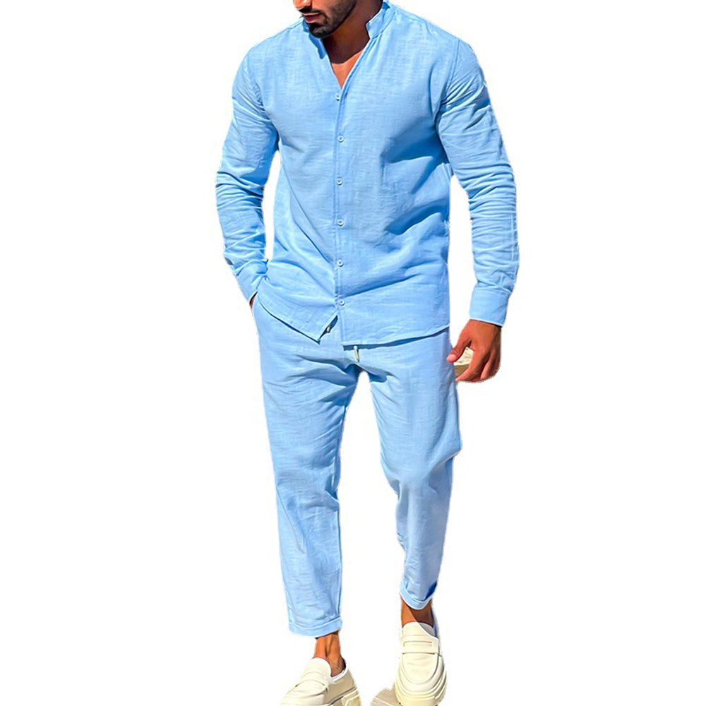 Macymars™ Men's Solid Color V-Neck Long-Sleeve Shirt and Pants Two-Piece Set