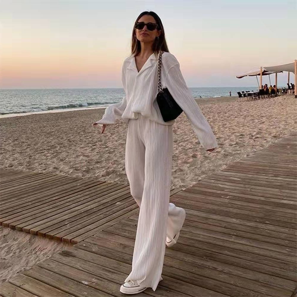Macymars™ Women Clothing Retro Casual Fashion Fashion Suit 2022 Long Sleeve Loose-Fitting Pleated Wide Leg Pants Two-Piece Set