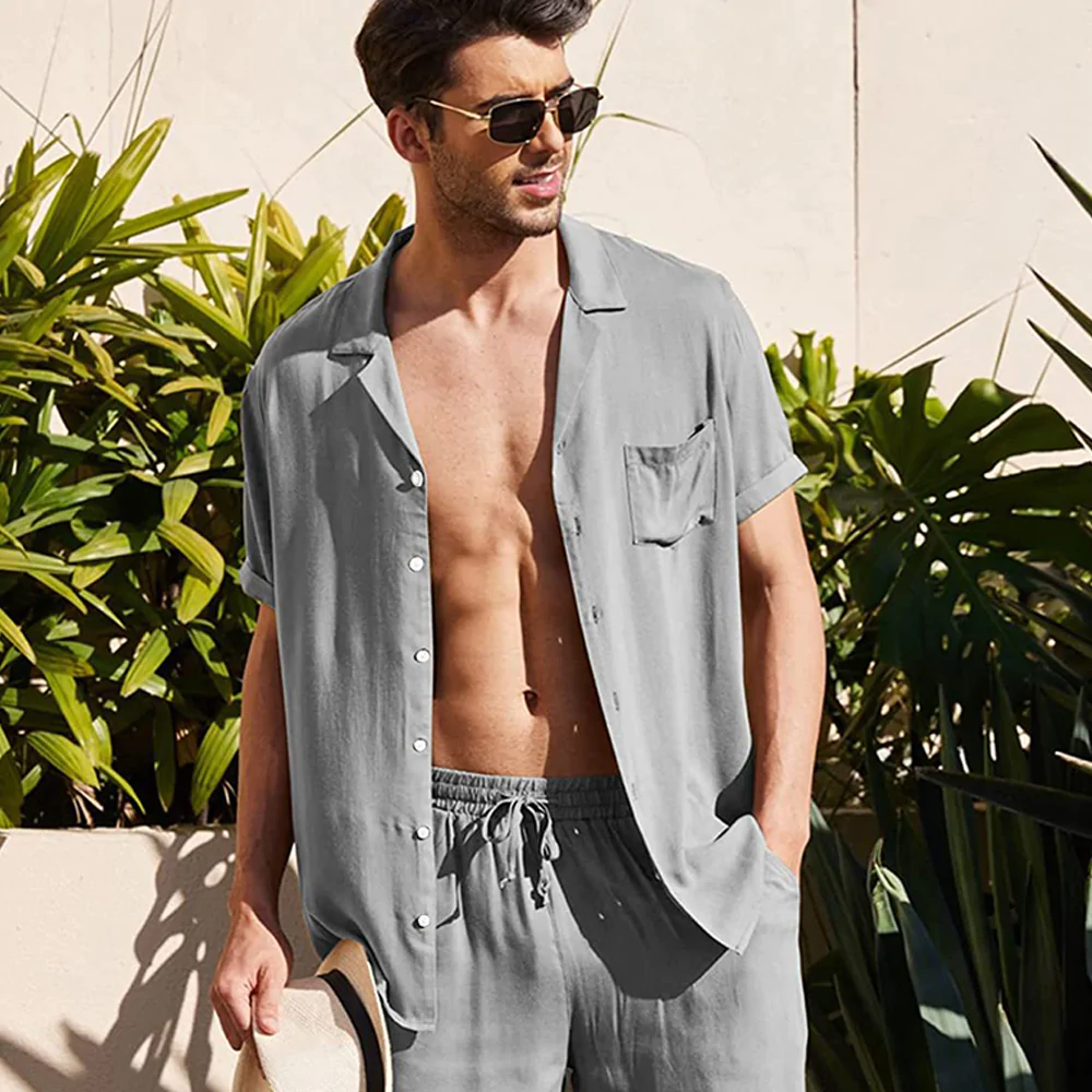 Macymars™ Mens Summer Linen Short Sleeve Shirt Shorts Suit