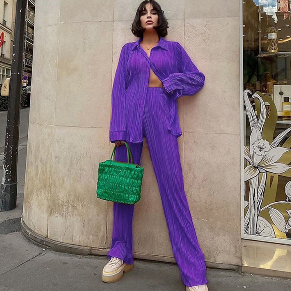 Macymars™ Women Clothing Retro Casual Fashion Fashion Suit 2022 Long Sleeve Loose-Fitting Pleated Wide Leg Pants Two-Piece Set