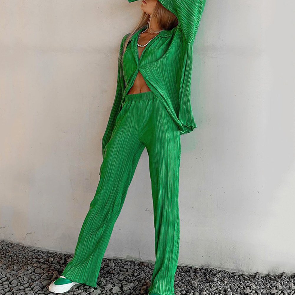 Macymars™ Women Clothing Retro Casual Fashion Fashion Suit 2022 Long Sleeve Loose-Fitting Pleated Wide Leg Pants Two-Piece Set