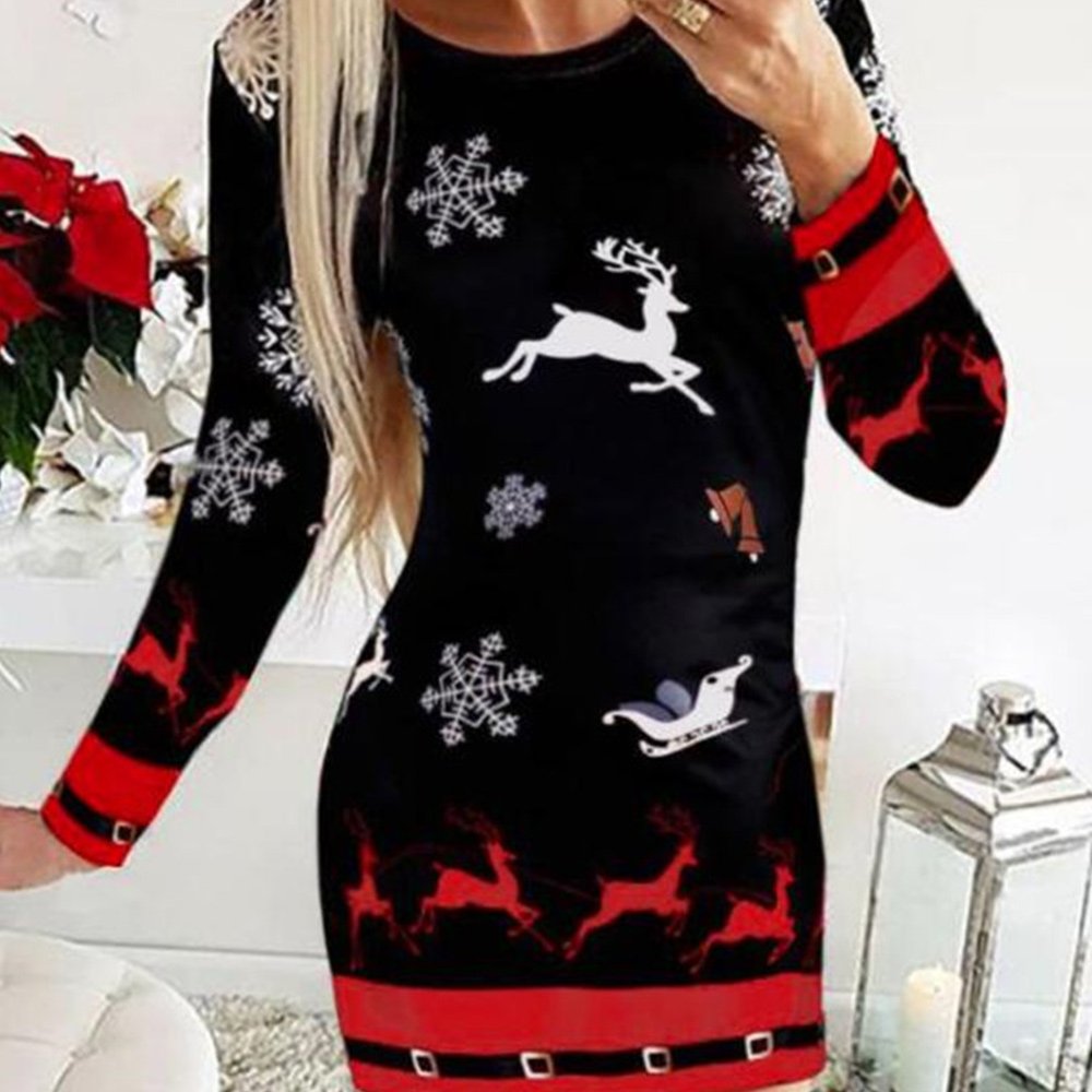 Macymars™ Christmas Print Long Sleeve Slim Dress