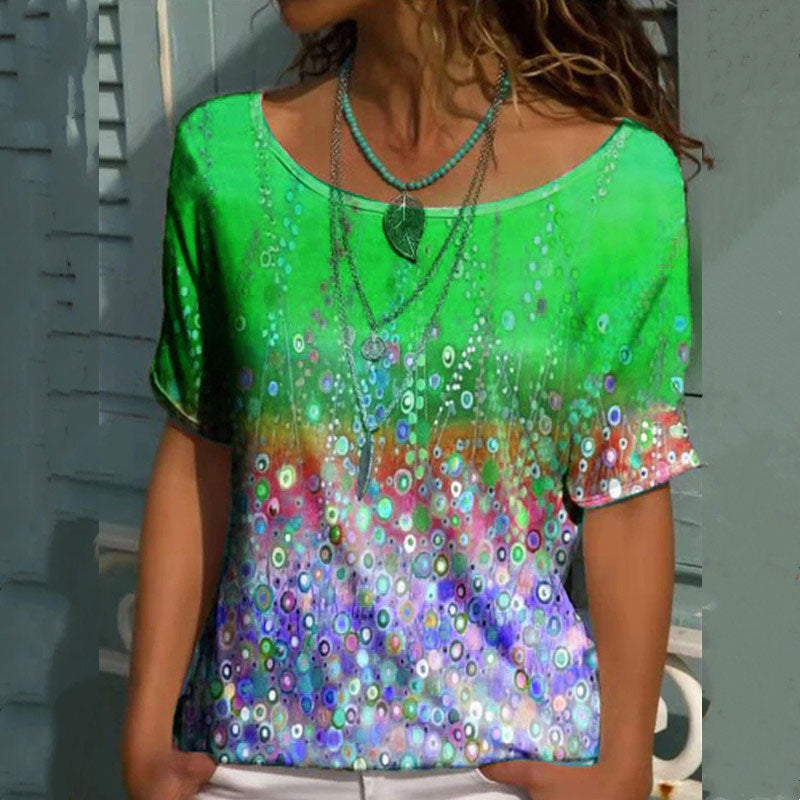 Macymars™ Rainbow Gradient Dot Print Sweet Crew Neck Women's T-Shirt