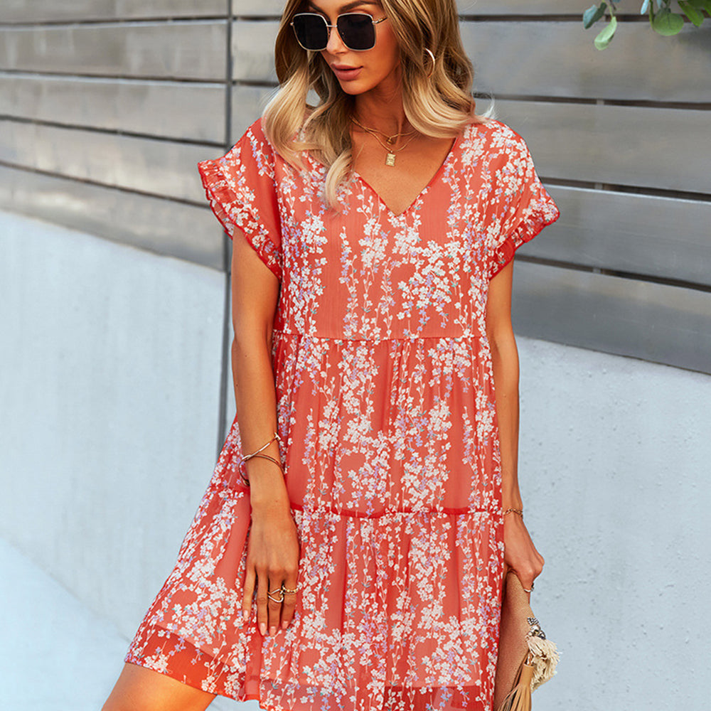 Macymars™ Summer Casual Beach V Neck A Line Loose Waist Chiffon Small Floral Bohemian Short Dress