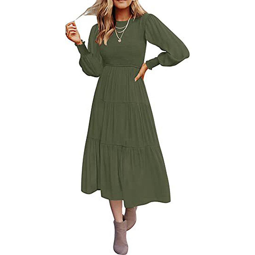 Macymars™ Women's Pleated Long Sleeve Round Neck Dress