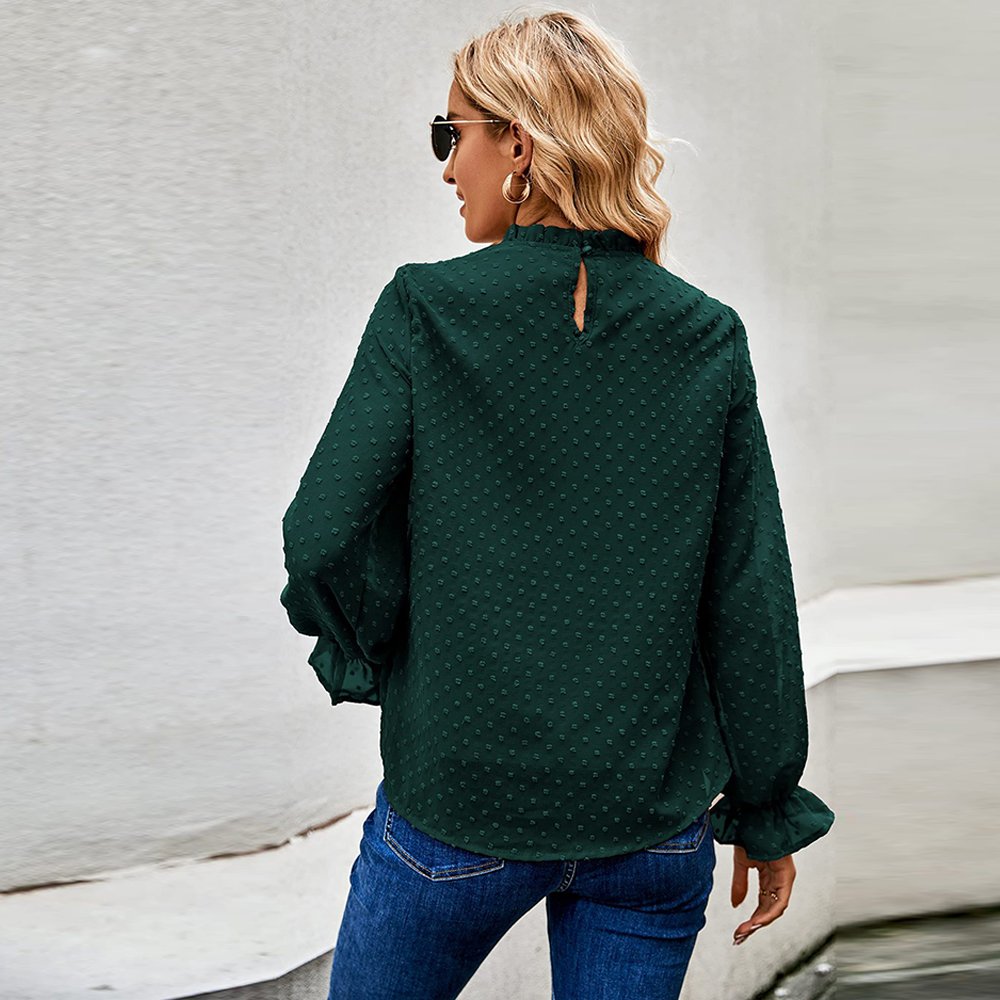 Macymars™ Women's Round Neck Chiffon Ruffle Loose Solid Color Fur Ball Polka Dot Blouse